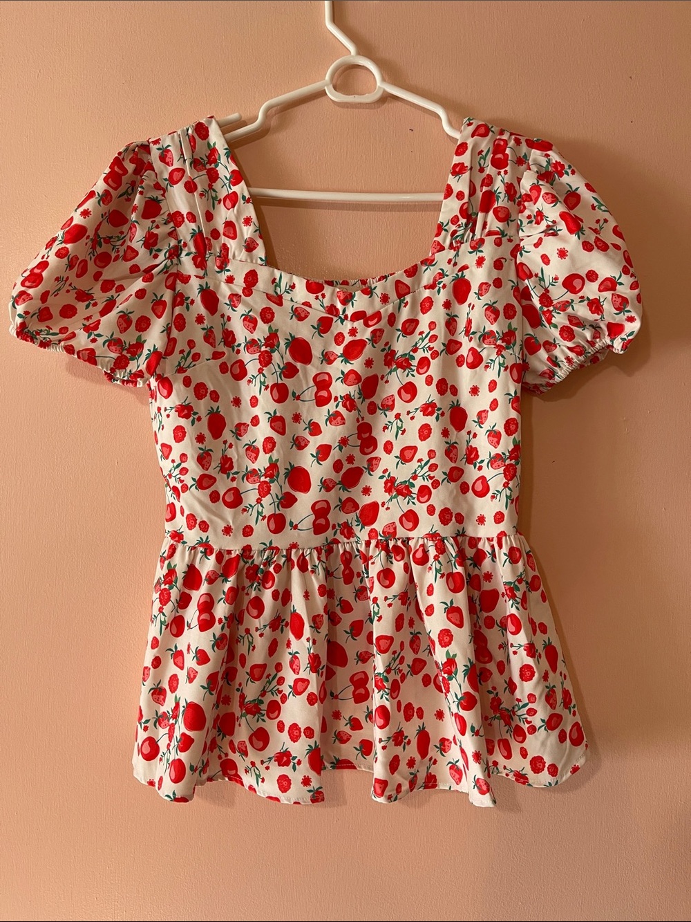 Belle Poque White Strawberry Print Peplum Top